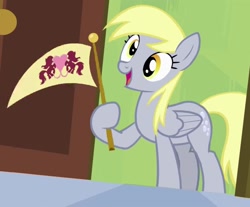 Size: 1305x1080 | Tagged: safe, derpibooru import, screencap, derpy hooves, pegasus, pony, rainbow falls, cropped, cute, female, flag, happy, mare, solo