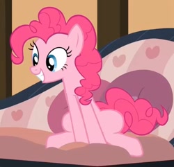 Size: 941x909 | Tagged: safe, derpibooru import, screencap, pinkie pie, earth pony, pony, pinkie apple pie, cropped, excited, female, sitting, smiling, sofa, solo