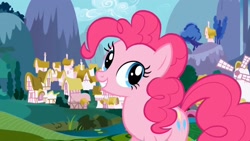 Size: 1920x1080 | Tagged: safe, derpibooru import, screencap, pinkie pie, earth pony, pony, friendship is magic, season 1, breaking the fourth wall, cute, female, happy, ponyville, smiling, smiling at you, solo, solo female