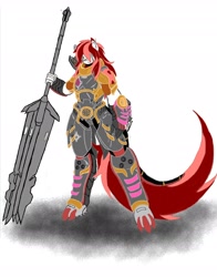 Size: 2066x2638 | Tagged: safe, artist:kurogetsuouji, derpibooru import, oc, oc only, oc:beast, oc:oath breaker, anthro, anthro oc, armor, mace, male, power armor, powered exoskeleton, scar, simple background, weapon, white background