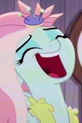 Size: 717x1073 | Tagged: safe, derpibooru import, edit, edited screencap, screencap, kerfuffle, pegasus, pony, rainbow roadtrip, bust, cropped, eyes closed, female, laughing, mare, solo