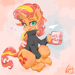 Size: 700x700 | Tagged: safe, artist:sozglitch, derpibooru import, sunset shimmer, pony, unicorn, abstract background, best pony, clothes, coffee mug, female, hoof hold, looking at you, mare, mug, smiling, solo, sweater, turtleneck