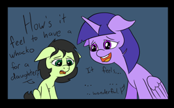 Size: 922x576 | Tagged: safe, artist:happy harvey, derpibooru import, twilight sparkle, twilight sparkle (alicorn), oc, oc:anon filly, alicorn, earth pony, dialogue, donnie darko, drawn on phone, female, filly, floppy ears, mare, movie reference, sad, simple background