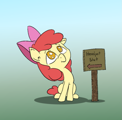 Size: 763x755 | Tagged: safe, artist:happy harvey, derpibooru import, apple bloom, earth pony, bow, colored pupils, drawn on phone, ear fluff, female, filly, floppy ears, hair bow, head pat, looking up, pat, sign, sitting