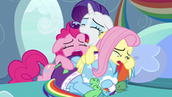 Size: 1280x720 | Tagged: safe, derpibooru import, screencap, fluttershy, pinkie pie, rainbow dash, rarity, tank, earth pony, pegasus, pony, tortoise, unicorn, tanks for the memories, bathrobe, clothes, crying, dashie slippers, makeup, robe, running makeup, slippers, tank slippers