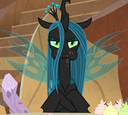 Size: 959x861 | Tagged: safe, derpibooru import, screencap, queen chrysalis, changeling, changeling queen, frenemies (episode), cropped, cupcake, cute, cutealis, food, solo