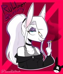 Size: 1612x1904 | Tagged: safe, artist:diamonddotbrush, derpibooru import, oc, oc:rubber bunny, anthro, cigarette, clothes, female, heterochromia, smoking