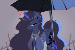 Size: 1500x1000 | Tagged: safe, artist:heddopen, derpibooru import, princess luna, alicorn, pony, clothes, female, green background, looking at you, magic, mare, rain, simple background, telekinesis, umbrella