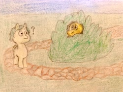 Size: 4032x3024 | Tagged: safe, artist:nbj, derpibooru import, oc, oc only, oc:errant, earth pony, caught, colored pencil drawing, confused, hiding in bushes, path, question mark, stalker, stalking, traditional art