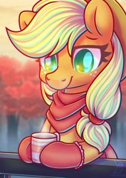 Size: 1600x2264 | Tagged: safe, artist:musicfirewind, derpibooru import, applejack, earth pony, pony, applejack's hat, bandana, chocolate, clothes, cowboy hat, food, freckles, hat, hot chocolate, mug, socks, tree