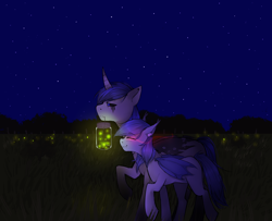 Size: 4164x3373 | Tagged: safe, artist:eve99, derpibooru import, oc, oc only, oc:selena, bat pony, changeling, firefly (insect), insect, pony, bat wings, changeling oc, female, forest, forest background, male, mare, night, sombra eyes, stars, wingding eyes, wings