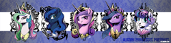 Size: 1000x252 | Tagged: safe, artist:dormin-dim, derpibooru import, princess cadance, princess celestia, princess flurry heart, princess luna, princess twilight 2.0, twilight sparkle, twilight sparkle (alicorn), alicorn, pony, the last problem, alicorn pentarchy, baby, baby pony, bust, crown, female, jewelry, mare, older, older twilight, one eye closed, open mouth, peytral, portrait, profile, regalia, smiling, wink