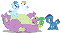 Size: 1280x710 | Tagged: safe, artist:aleximusprime, derpibooru import, spike, oc, oc:lightning flash, oc:misty blitz, oc:storm streak, dragon, flurry heart's story, adult, adult spike, baby, belly, bouncing, calming of the storm, children, chubby, colt, cute, eyes closed, fat, fat spike, female, filly, foal, happy, jumping, kids, laughing, lying down, male, offspring, older, older spike, one eye closed, parent:oc:thunderhead, parent:rainbow dash, parents:canon x oc, playing, plump, simple background, trampoline, transparent background, vector, winged spike