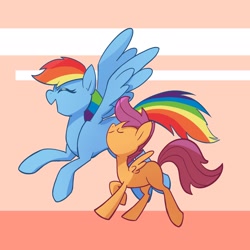 Size: 2048x2048 | Tagged: safe, artist:pfeffaroo, derpibooru import, rainbow dash, scootaloo, pegasus, pony, abstract background, duo, eyes closed, female, filly, flying, high res, mare, nose in the air, open mouth, profile, raised hoof, scootaloo can fly, smiling, spread wings, walking, wings