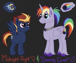 Size: 900x750 | Tagged: safe, artist:thetenthclass, derpibooru import, oc, oc only, oc:dashing comet, oc:midnight flight, alicorn, pegasus, black background, brother and sister, duo, female, magical lesbian spawn, male, mare, multicolored hair, offspring, parent:rainbow dash, parent:twilight sparkle, parents:twidash, rainbow hair, siblings, simple background, stallion