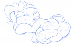 Size: 1785x1200 | Tagged: safe, artist:kurogewapony, derpibooru import, pinkie pie, earth pony, pony, blushing, cute, diapinkes, female, mare, monochrome, simple background, sleeping, smiling, solo, underhoof, white background