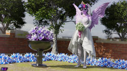 Size: 3840x2160 | Tagged: safe, artist:shadowboltsfm, derpibooru import, twilight sparkle, twilight sparkle (alicorn), alicorn, anthro, plantigrade anthro, 3d, 4k, altar, big breasts, blender, bouquet, breasts, clothes, crown, dress, eyelashes, flower, high heels, jewelry, looking at you, necklace, not sfm, regalia, shoes, smiling, socks, standing, thigh highs, veil, wedding dress, wings
