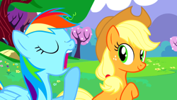 Size: 1280x720 | Tagged: safe, derpibooru import, screencap, applejack, rainbow dash, earth pony, pegasus, pony, a canterlot wedding, applejack's hat, cowboy hat, eyes closed, female, hat, hoof over mouth, mare, open mouth, yawn