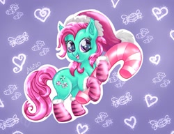 Size: 1671x1283 | Tagged: safe, artist:avui, derpibooru import, minty, earth pony, pony, g3, candy, candy cane, christmas, clothes, cute, food, holiday, mintabetes, minty(g3), socks, solo