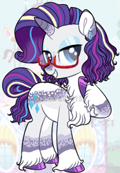 Size: 743x1065 | Tagged: safe, artist:malinraf1615, derpibooru import, rarity, pony, unicorn, alternate hairstyle, base used, bedroom eyes, chest fluff, coat markings, ear piercing, earring, eyeshadow, female, glasses, grin, jewelry, leg fluff, makeup, mare, piercing, raised hoof, redesign, smiling, solo, unshorn fetlocks