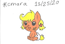 Size: 898x607 | Tagged: safe, artist:cmara, derpibooru import, earth pony, pony, :p, alternate hairstyle, baby applejack, diaper, female, messy, simple background, sitting, solo, tongue out, traditional art, white background