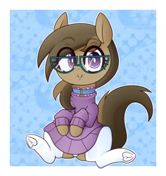 Size: 1700x1800 | Tagged: safe, artist:fullmetalpikmin, derpibooru import, oc, oc:dawnsong, earth pony, pony, clothes, collar, female, glasses, looking at you, mare, panties, smiling, socks, solo, sweater, underwear, white underwear