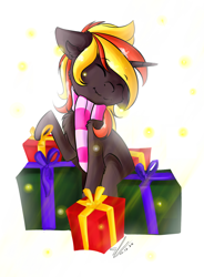 Size: 1280x1741 | Tagged: safe, artist:yuris, derpibooru import, oc, oc only, oc:java, pony, unicorn, christmas, clothes, holiday, present, scarf, simple background, solo, white background