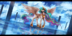 Size: 3500x1765 | Tagged: safe, artist:ventious, derpibooru import, princess celestia, alicorn, pony, cloud, dutch angle, female, letterboxing, mare, reflection, regalia, solo