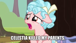 Size: 800x450 | Tagged: safe, derpibooru import, edit, edited screencap, screencap, cozy glow, pegasus, pony, marks for effort, caption, crying, floppy ears, image macro, imgflip, open mouth, solo, text