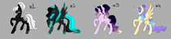 Size: 5257x1200 | Tagged: safe, artist:minelvi, derpibooru import, oc, oc only, alicorn, earth pony, pegasus, pony, unicorn, alicorn oc, base used, earth pony oc, gray background, horn, pegasus oc, raised hoof, simple background, unicorn oc, wings