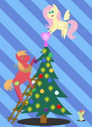 Size: 1872x2592 | Tagged: safe, anonymous artist, derpibooru import, big macintosh, fluttershy, oc, oc:late riser, earth pony, pegasus, pony, series:fm holidays, series:hearth's warming advent calendar, abstract background, advent calendar, baby, baby pony, candle, christmas, christmas ornament, christmas tree, colt, decoration, drool, family, female, fluttermac, hearth's warming, hearth's warming tree, holiday, hoof sucking, ladder, lineless, looking up, male, mare, offspring, parent:big macintosh, parent:fluttershy, parents:fluttermac, pointy ponies, shipping, straight, tree