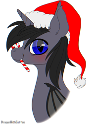 Size: 768x1024 | Tagged: safe, artist:dragonwithcoffee, derpibooru import, oc, oc only, oc:astral gazer, alicorn, bat pony, bat pony alicorn, bat wings, blushing, candy, candy cane, christmas, food, hat, heterochromia, holiday, horn, looking at you, male, santa hat, simple background, stallion, white background, wings