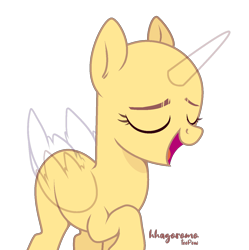 Size: 1296x1300 | Tagged: safe, artist:teepew, derpibooru import, oc, oc only, alicorn, pony, alicorn oc, bald, base, eyelashes, eyes closed, horn, open mouth, raised hoof, signature, simple background, smiling, solo, transparent background, wings