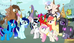 Size: 1080x628 | Tagged: safe, artist:rxndxm.artist, derpibooru import, oc, oc only, oc:shooting star, alicorn, pegasus, pony, unicorn, alicorn oc, base used, black sclera, female, hooves to the chest, horn, leonine tail, mare, outdoors, pegasus oc, raised hoof, smiling, unicorn oc, wings