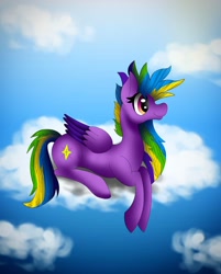 Size: 1080x1346 | Tagged: safe, artist:rxndxm.artist, derpibooru import, oc, oc only, pegasus, pony, cloud, eyelashes, female, lying down, mare, on a cloud, outdoors, pegasus oc, prone, smiling, solo, two toned wings, wings