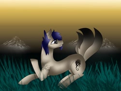 Size: 1080x810 | Tagged: safe, artist:rxndxm.artist, derpibooru import, oc, oc only, pony, grass, looking back, lying down, multiple tails, outdoors, prone, raised hoof, solo