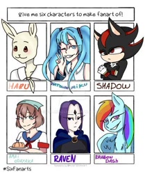 Size: 400x478 | Tagged: safe, artist:dalana2431, derpibooru import, rainbow dash, anthro, hedgehog, human, pegasus, pony, rabbit, amai odayaka, animal, anthro with ponies, beastars, bust, clothes, crossed arms, crossover, female, food, grin, haru (beastars), male, mare, necktie, peace sign, raven (teen titans), shadow the hedgehog, simple background, six fanarts, smiling, sonic the hedgehog (series), teen titans, unamused, vocaloid, white background, wnk, yandere simulator