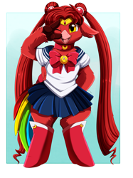 Size: 2850x3809 | Tagged: safe, artist:pridark, oc, oc only, hippogriff, anime, bipedal, clothes, cosplay, costume, crossover, female, high res, patreon, patreon reward, rainbow tail, sailor moon, solo