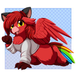 Size: 3509x3550 | Tagged: safe, artist:pridark, oc, oc only, hippogriff, beak, chest fluff, clothes, cute, female, hippogriff oc, looking at you, open mouth, rainbow tail, shirt, solo