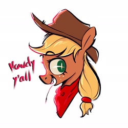 Size: 2048x2048 | Tagged: safe, artist:kerpupu, applejack, earth pony, pony, applejack's hat, bust, cowboy hat, dialogue, female, hat, mare, neckerchief, open mouth, portrait, simple background, solo, straw in mouth, white background