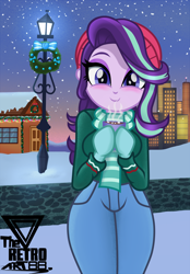 Size: 1300x1872 | Tagged: safe, artist:theretroart88, derpibooru import, starlight glimmer, equestria girls, beverage, building, chocolate, christmas, city, clothes, cup, cute, female, glimmerbetes, hat, holiday, hot chocolate, looking at you, pants, path, santa hat, smiling, snow, solo, winter