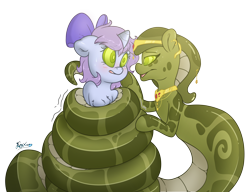 Size: 5200x4000 | Tagged: safe, alternate version, artist:fluffyxai, derpibooru import, oc, oc only, oc:melyssa, oc:swirly daze, lamia, original species, snake, unicorn, accessory, bow, coils, female, fetish, gasping, hair bow, hoof on cheek, hypnosis, hypnosis fetish, hypnotized, jewelry, mare, serpent, simple background, smiling, smirk, sweat, sweatdrop, swirly eyes, tail wrap, transparent background, wrapped up, wrapping