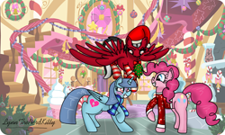 Size: 954x572 | Tagged: safe, alternate version, artist:lynnthenerdkitty, derpibooru import, pinkie pie, oc, oc:heart mouse, oc:shatter misty cloud, alicorn, earth pony, pegasus, pony, alicorn oc, blushing, canon x oc, clothes, grin, hearth's warming eve, holly, holly mistaken for mistletoe, horn, looking at each other, mistletoe, mouth, nervous, nervous grin, ponified, raised hoof, requested art, scarf, shatter (transformers), smiling, transformers, wings