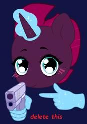 Size: 2076x2960 | Tagged: safe, artist:jadethepegasus, artist:jeffapegas, derpibooru import, tempest shadow, pony, unicorn, base used, blue background, blushing, delet this, female, glowing horn, gun, hand, handgun, heart eyes, horn, levitation, magic, magic hands, mare, meme, pistol, pointing, ponified meme, simple background, solo, starry eyes, telekinesis, tempest gets her horn back, tempest now has a true horn, weapon, wingding eyes
