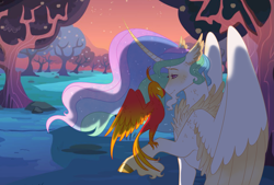 Size: 2389x1617 | Tagged: safe, artist:iouise, derpibooru import, philomena, princess celestia, alicorn, phoenix, pony, apple, apple tree, chest feathers, cloven hooves, colored wings, colored wingtips, duo, facial hair, female, goatee, hoof fluff, long feather, mare, tree