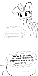 Size: 3000x6000 | Tagged: safe, artist:tjpones, derpibooru import, edit, editor:i-shooped-a-pwny, twilight sparkle, twilight sparkle (alicorn), alicorn, pony, 2 panel comic, absurd resolution, black and white, cake, car, comic, female, food, grayscale, mare, meme, message, monochrome, portal (valve), seems legit, simple background, solo, the cake is a lie, white background