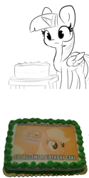 Size: 3000x6000 | Tagged: safe, artist:tjpones, derpibooru import, edit, editor:i-shooped-a-pwny safe, applejack, twilight sparkle, twilight sparkle (alicorn), alicorn, earth pony, pony, 2 panel comic, absurd resolution, birthday cake, black and white, cake, caption, comic, female, food, grayscale, image macro, mare, meme, message, monochrome, portal (valve), recursion, simple background, solo, text, the cake is a lie, they told me, white background