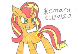 Size: 1031x712 | Tagged: safe, artist:cmara, derpibooru import, sunset shimmer, pony, unicorn, angry, female, gritted teeth, mare, simple background, solo, traditional art, white background