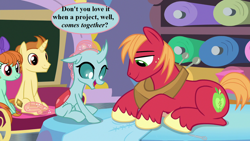 Size: 1280x720 | Tagged: safe, derpibooru import, edit, edited screencap, screencap, big macintosh, golden crust, ocellus, peppermint goldylinks, a horse shoe-in, bow, cute, diaocelles, hair bow, horse collar, macabetes, peppermint adoralinks, pun, sewing, speech, speech bubble, talking