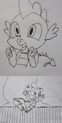 Size: 500x984 | Tagged: safe, alternate version, artist:and now... a derpibooru user, derpibooru import, spike, dragon, abuse, black and white, drawing, food, grayscale, monochrome, scene interpretation, spikeabuse, tomato, tomatoes